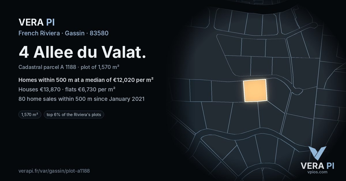 4 Allee du Valat, Gassin at night – the plot lit, the parcels around coloured by the prices near them