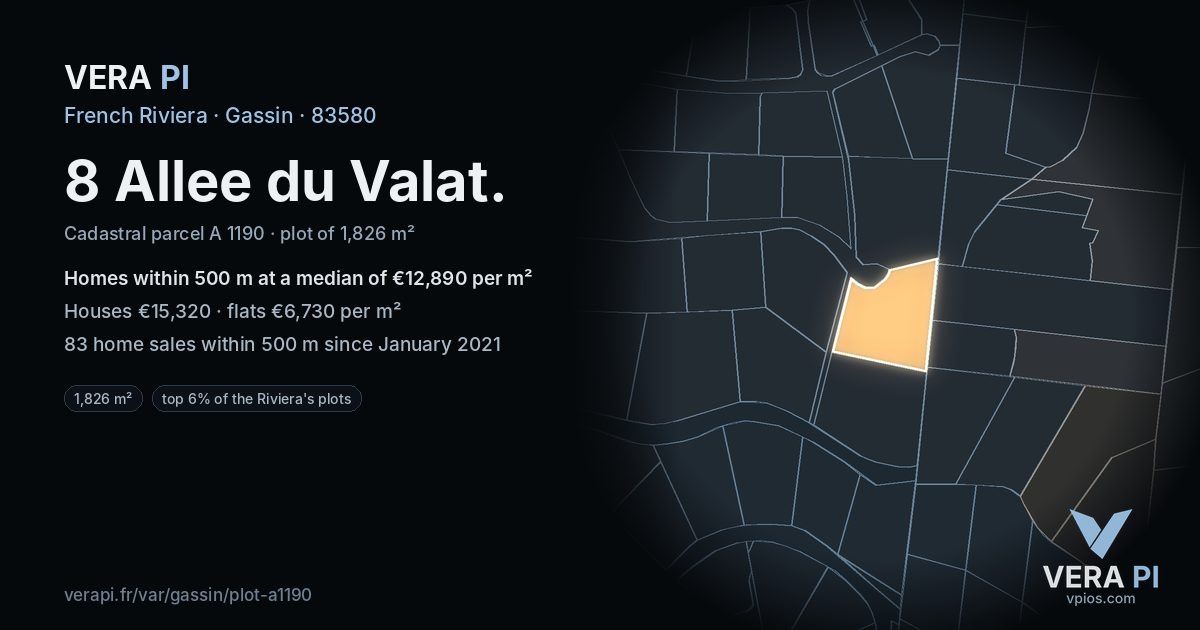 8 Allee du Valat, Gassin at night – the plot lit, the parcels around coloured by the prices near them