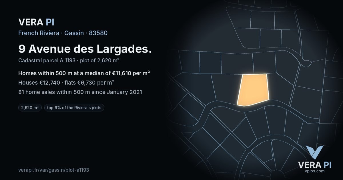 9 Avenue des Largades, Gassin at night – the plot lit, the parcels around coloured by the prices near them