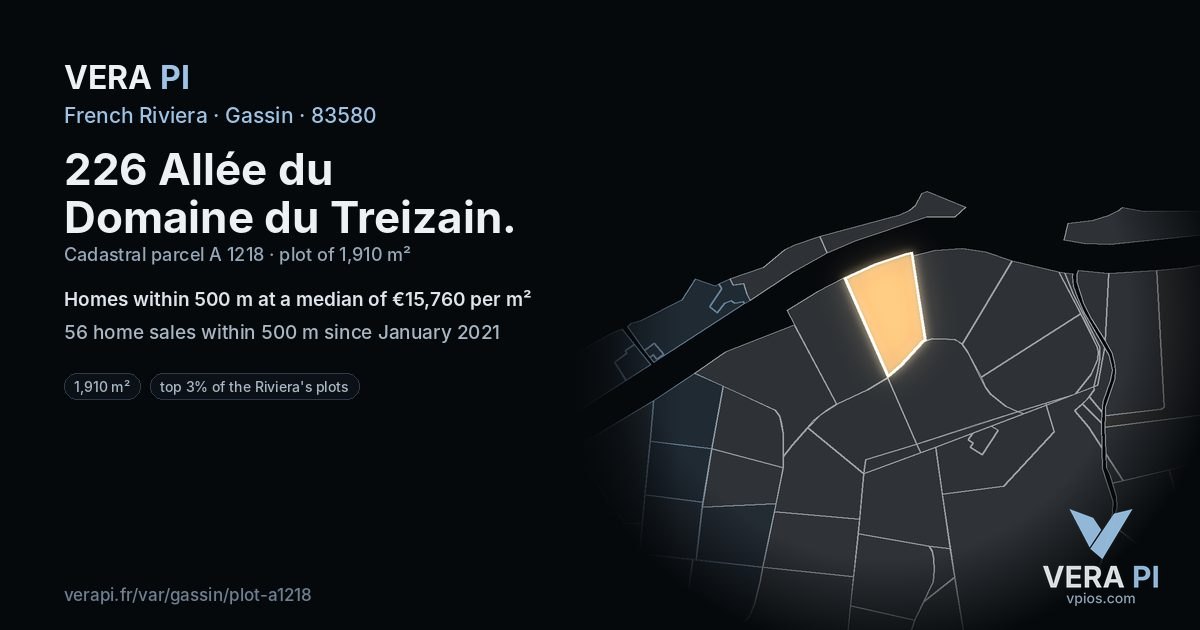 226 Allée du Domaine du Treizain, Gassin at night – the plot lit, the parcels around coloured by the prices near them