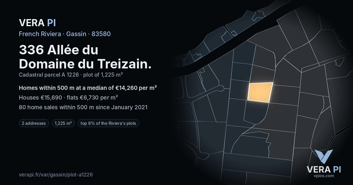 336 Allée du Domaine du Treizain, Gassin at night – the plot lit, the parcels around coloured by the prices near them