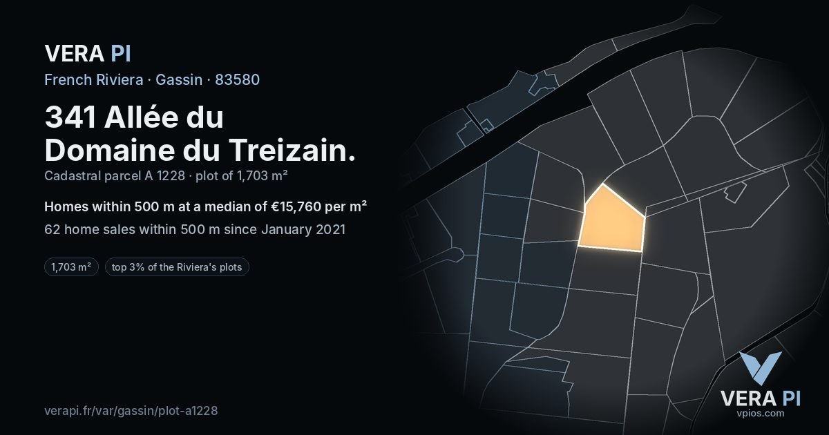 341 Allée du Domaine du Treizain, Gassin at night – the plot lit, the parcels around coloured by the prices near them