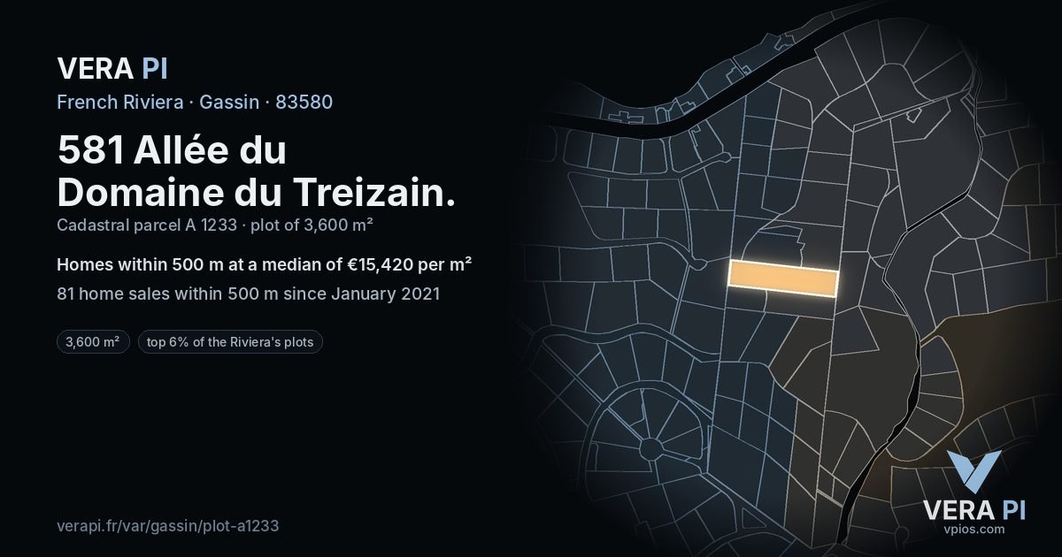 581 Allée du Domaine du Treizain, Gassin at night – the plot lit, the parcels around coloured by the prices near them
