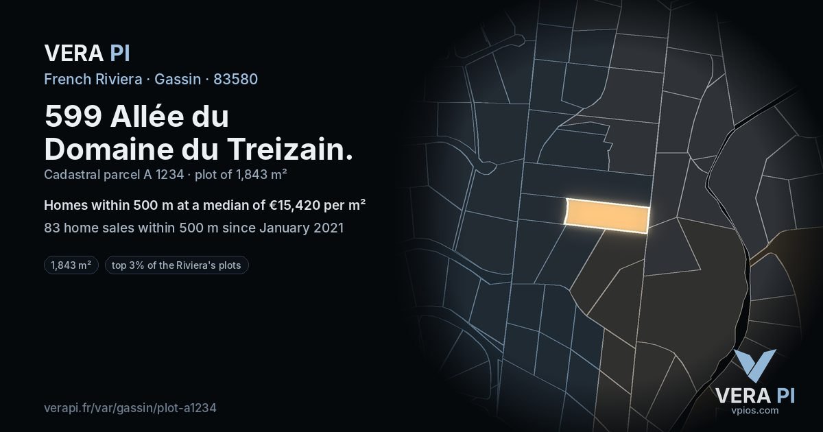 599 Allée du Domaine du Treizain, Gassin at night – the plot lit, the parcels around coloured by the prices near them