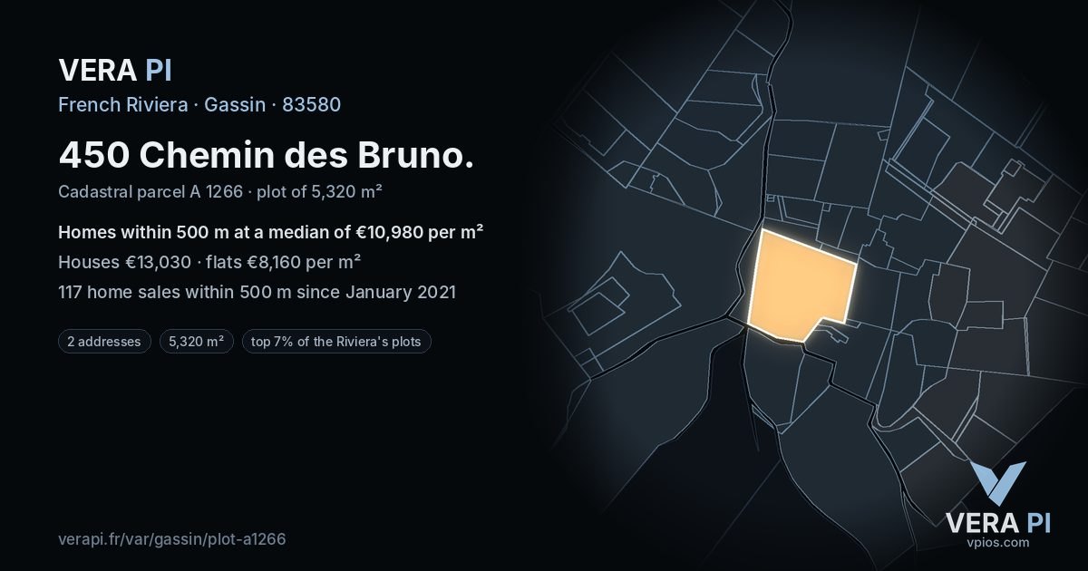 450 Chemin des Bruno, Gassin at night – the plot lit, the parcels around coloured by the prices near them