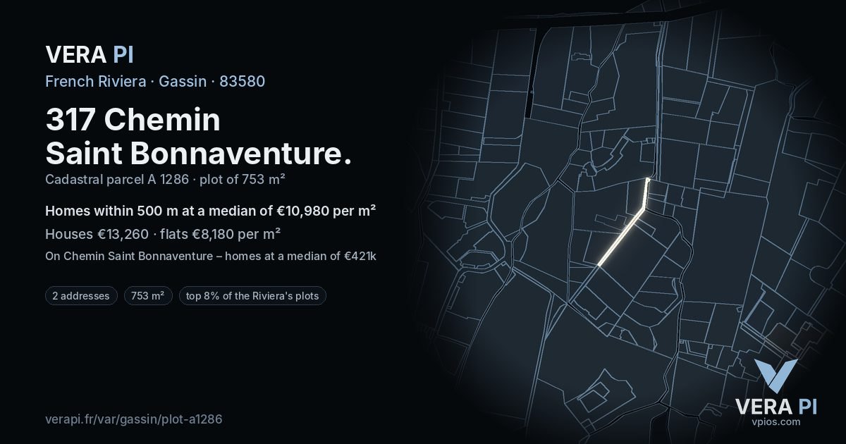 317 Chemin Saint Bonnaventure, Gassin at night – the plot lit, the parcels around coloured by the prices near them