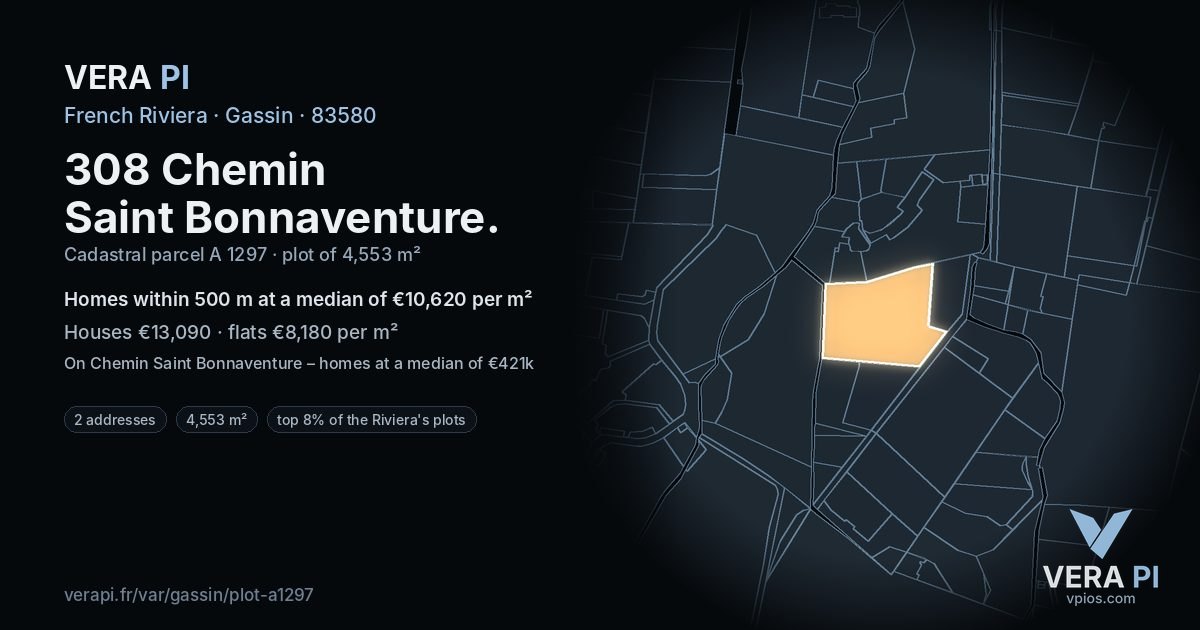 308 Chemin Saint Bonnaventure, Gassin at night – the plot lit, the parcels around coloured by the prices near them