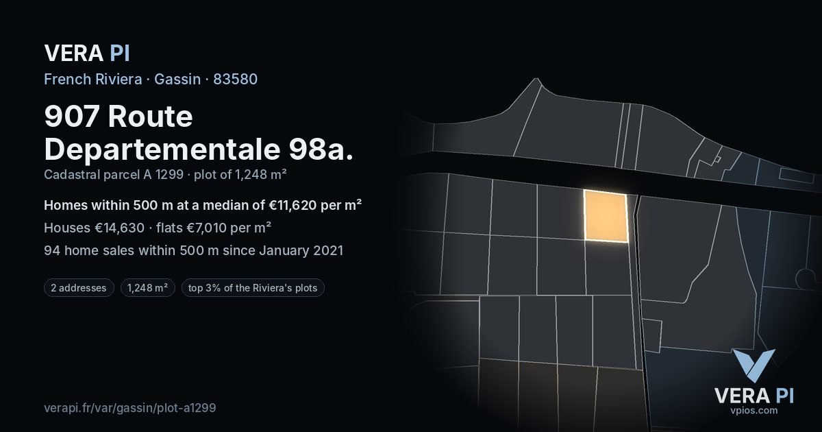 907 Route Departementale 98a, Gassin at night – the plot lit, the parcels around coloured by the prices near them