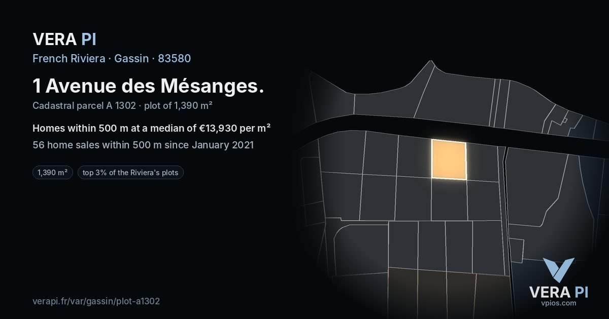 1 Avenue des Mésanges, Gassin at night – the plot lit, the parcels around coloured by the prices near them
