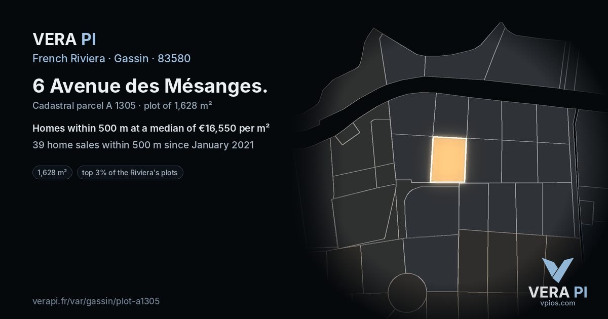 6 Avenue des Mésanges, Gassin at night – the plot lit, the parcels around coloured by the prices near them