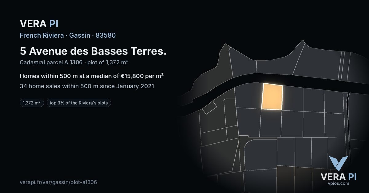 5 Avenue des Basses Terres, Gassin at night – the plot lit, the parcels around coloured by the prices near them