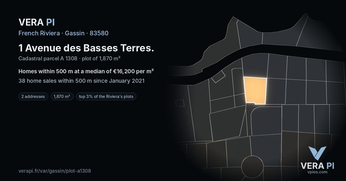 1 Avenue des Basses Terres, Gassin at night – the plot lit, the parcels around coloured by the prices near them