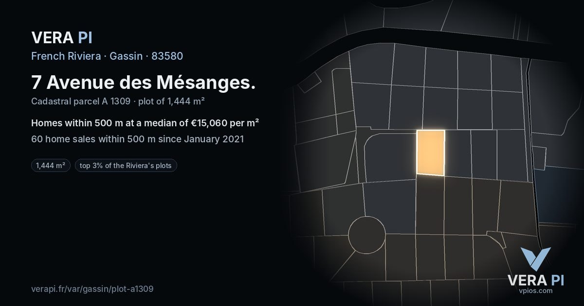 7 Avenue des Mésanges, Gassin at night – the plot lit, the parcels around coloured by the prices near them