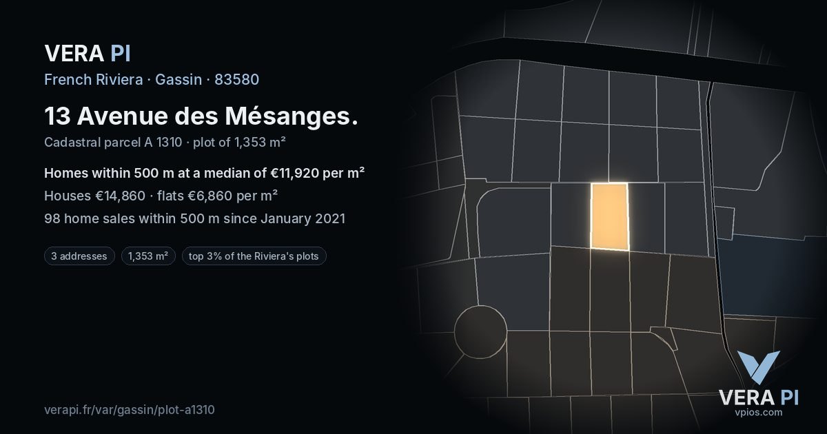 13 Avenue des Mésanges, Gassin at night – the plot lit, the parcels around coloured by the prices near them