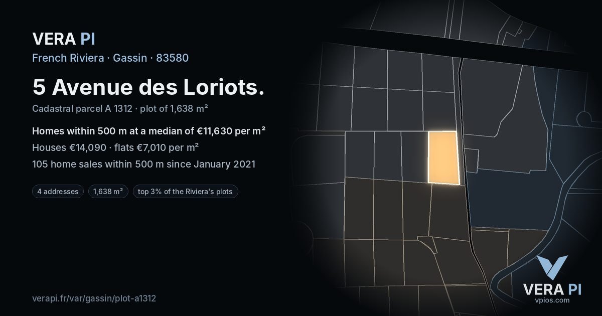 5 Avenue des Loriots, Gassin at night – the plot lit, the parcels around coloured by the prices near them