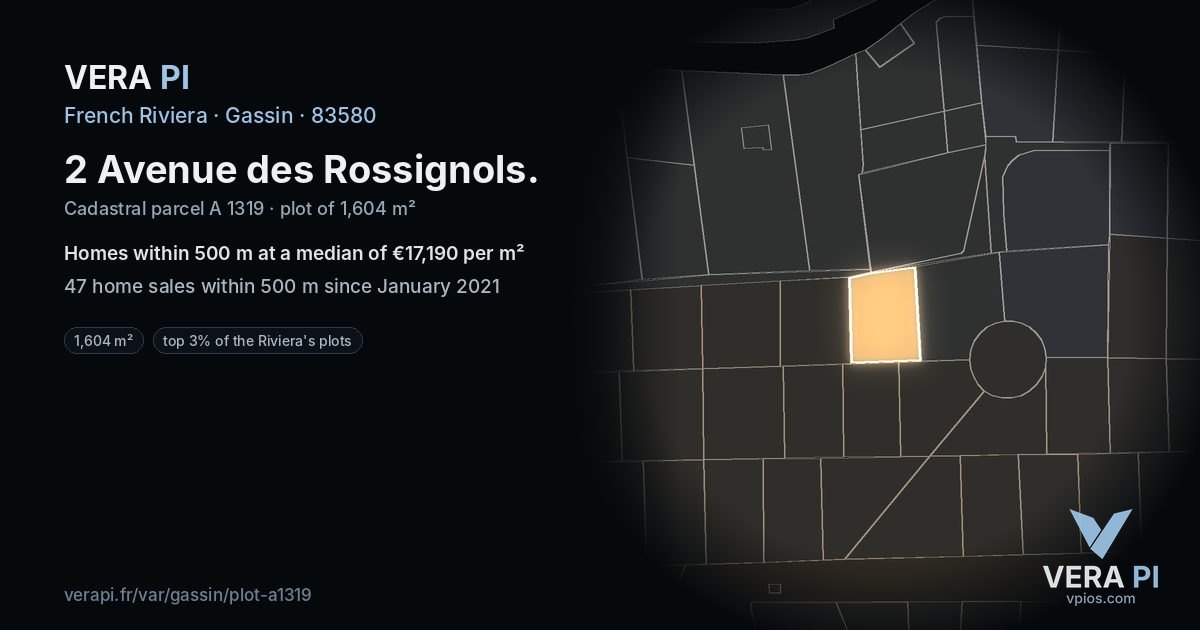 2 Avenue des Rossignols, Gassin at night – the plot lit, the parcels around coloured by the prices near them