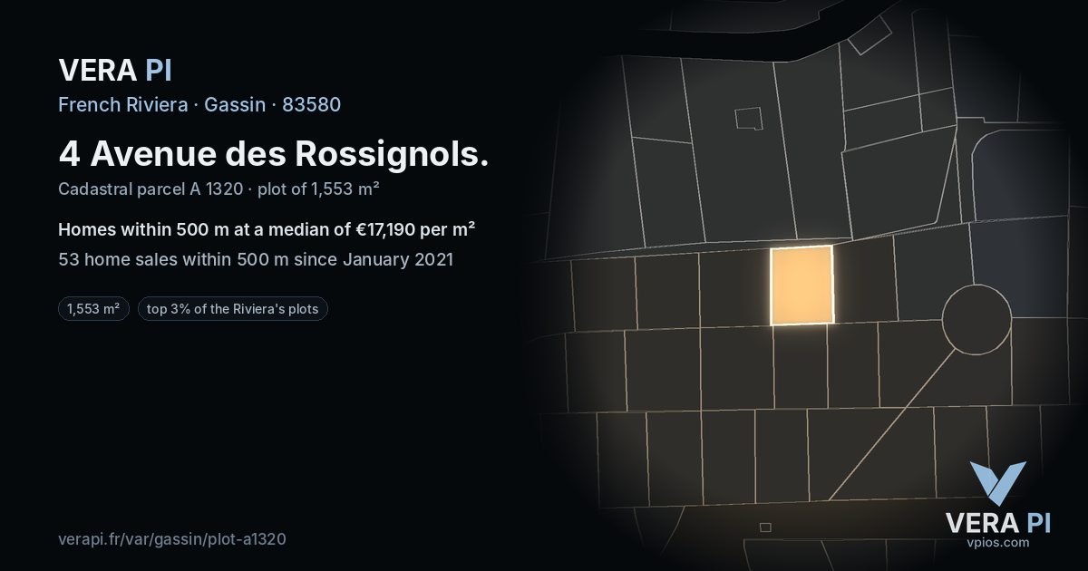 4 Avenue des Rossignols, Gassin at night – the plot lit, the parcels around coloured by the prices near them