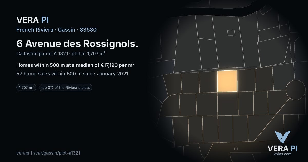 6 Avenue des Rossignols, Gassin at night – the plot lit, the parcels around coloured by the prices near them