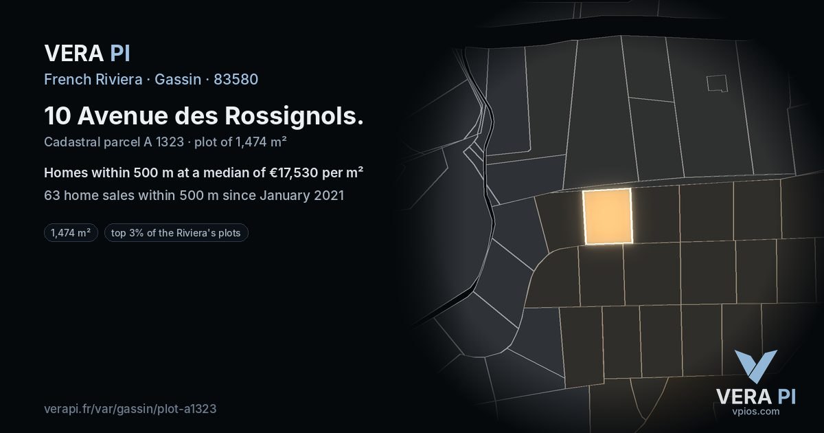 10 Avenue des Rossignols, Gassin at night – the plot lit, the parcels around coloured by the prices near them