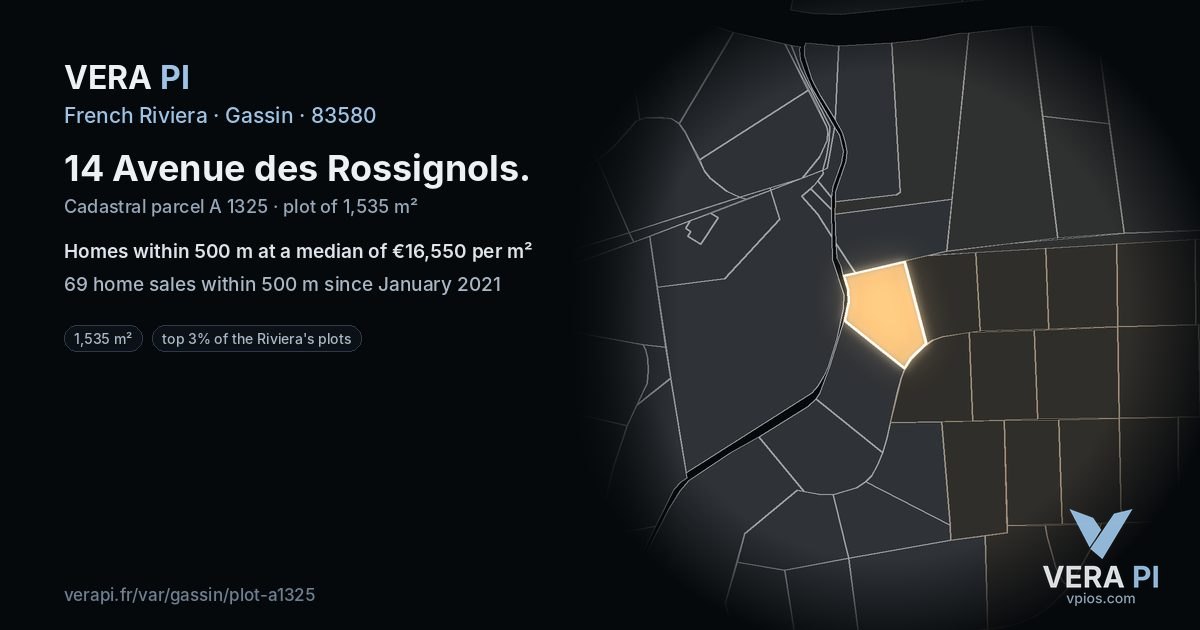 14 Avenue des Rossignols, Gassin at night – the plot lit, the parcels around coloured by the prices near them