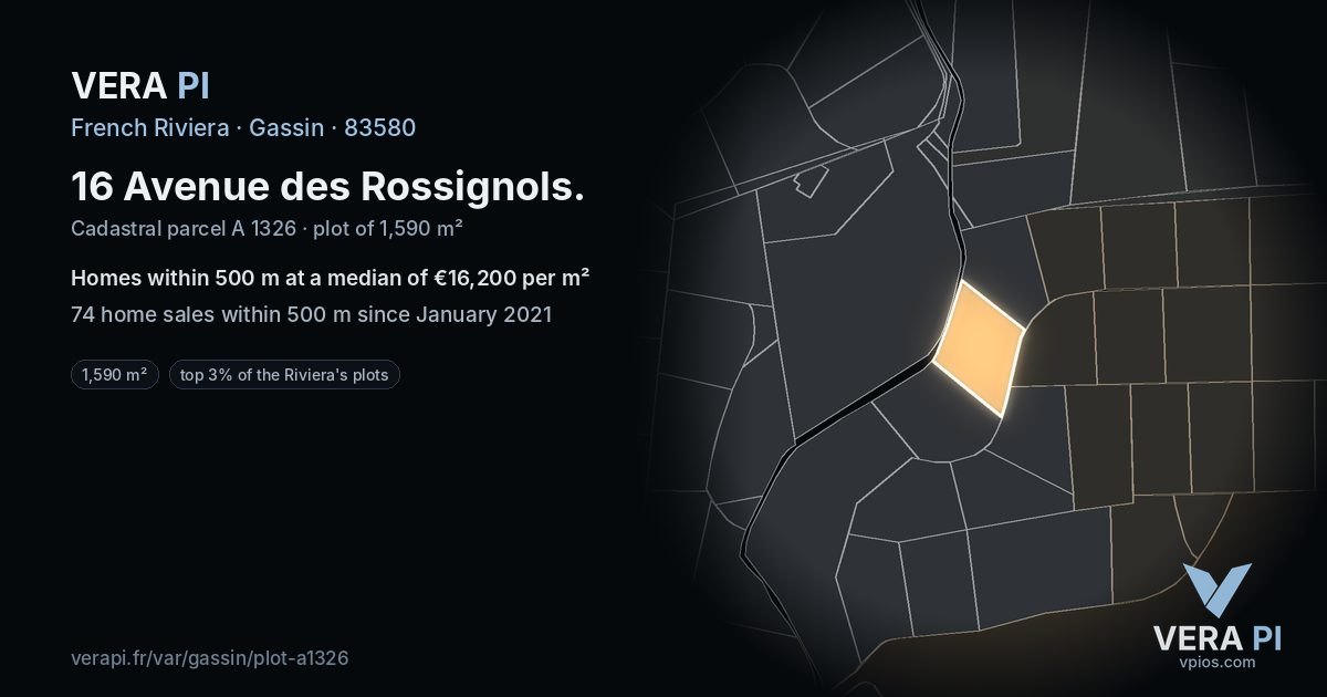 16 Avenue des Rossignols, Gassin at night – the plot lit, the parcels around coloured by the prices near them