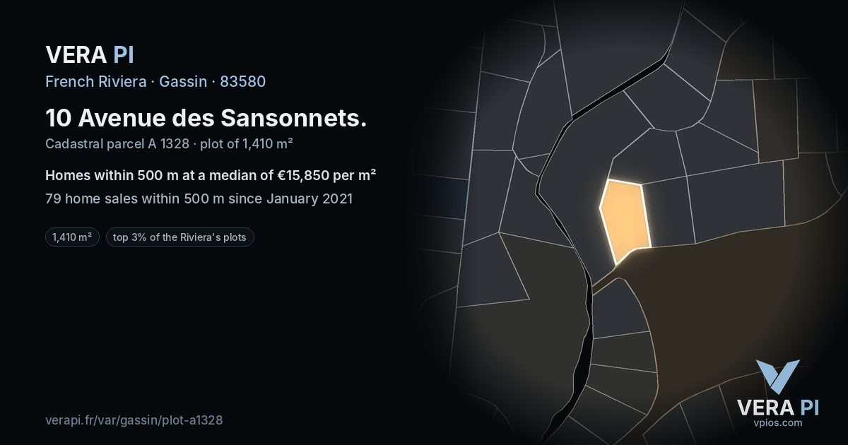 10 Avenue des Sansonnets, Gassin at night – the plot lit, the parcels around coloured by the prices near them