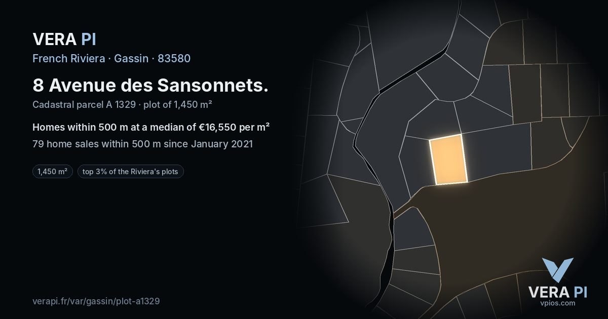 8 Avenue des Sansonnets, Gassin at night – the plot lit, the parcels around coloured by the prices near them