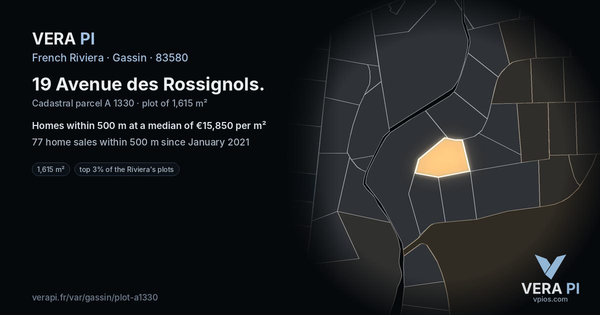 19 Avenue des Rossignols, Gassin at night – the plot lit, the parcels around coloured by the prices near them