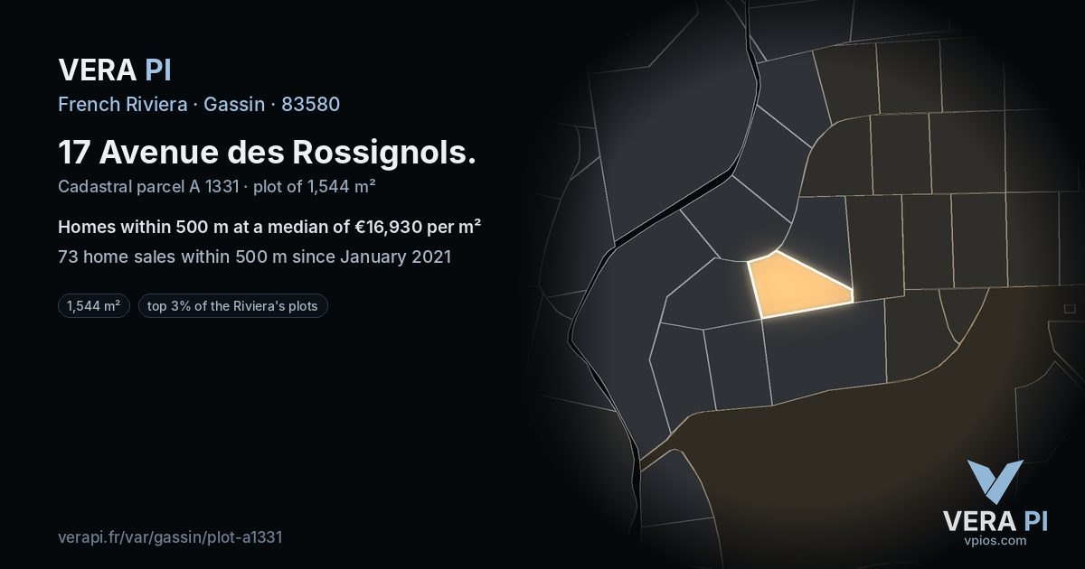 17 Avenue des Rossignols, Gassin at night – the plot lit, the parcels around coloured by the prices near them