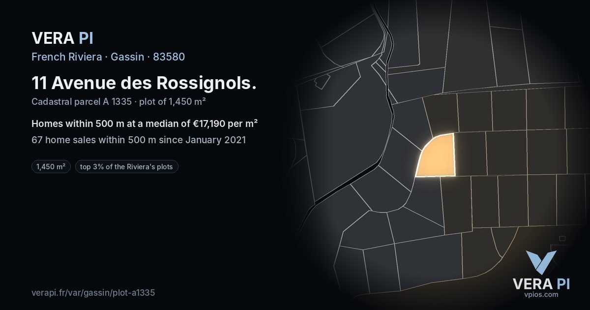 11 Avenue des Rossignols, Gassin at night – the plot lit, the parcels around coloured by the prices near them