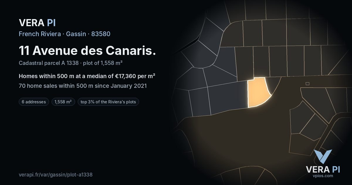 11 Avenue des Canaris, Gassin at night – the plot lit, the parcels around coloured by the prices near them