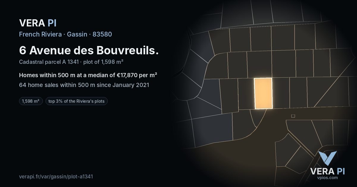 6 Avenue des Bouvreuils, Gassin at night – the plot lit, the parcels around coloured by the prices near them