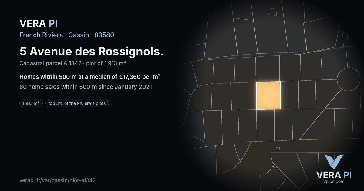 5 Avenue des Rossignols, Gassin at night – the plot lit, the parcels around coloured by the prices near them