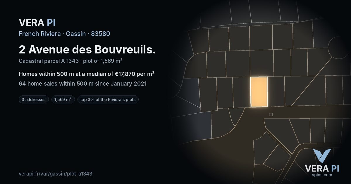 2 Avenue des Bouvreuils, Gassin at night – the plot lit, the parcels around coloured by the prices near them