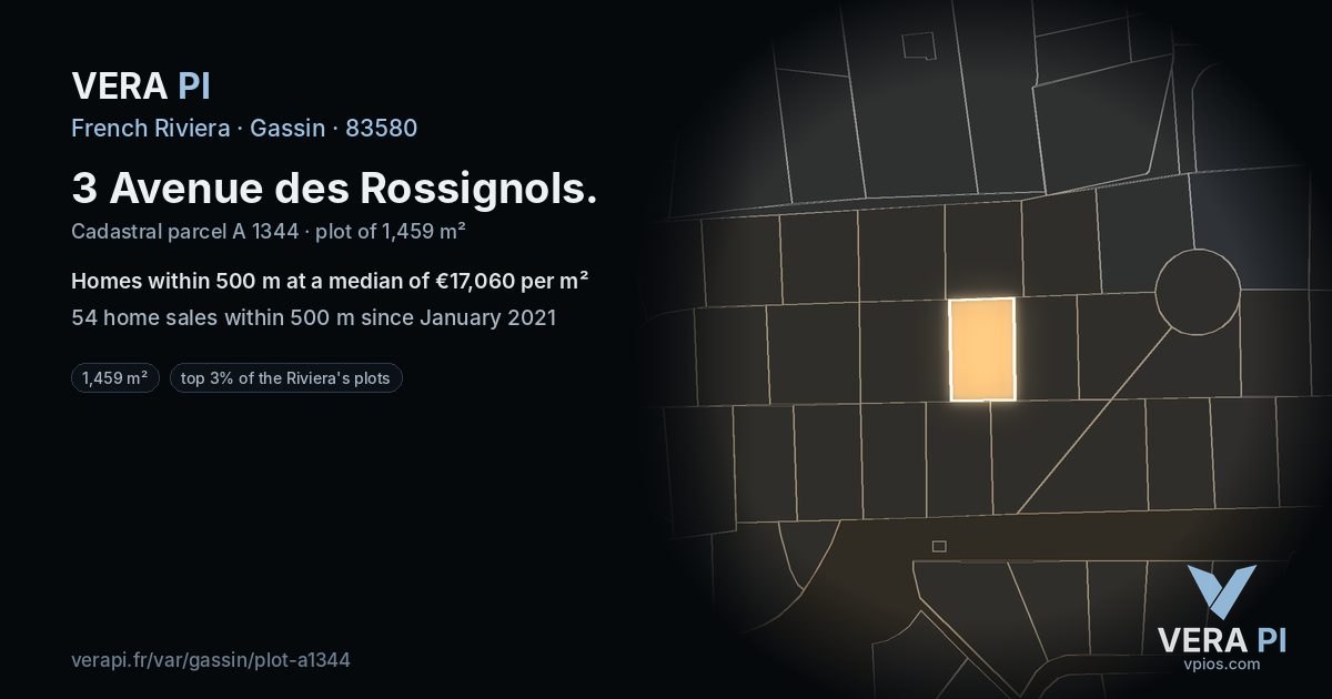 3 Avenue des Rossignols, Gassin at night – the plot lit, the parcels around coloured by the prices near them