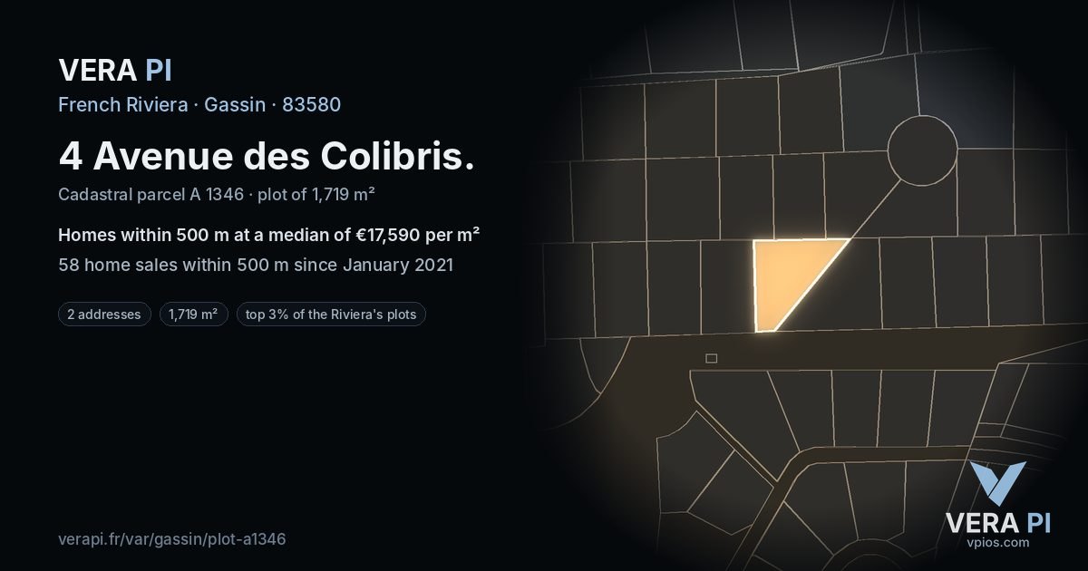4 Avenue des Colibris, Gassin at night – the plot lit, the parcels around coloured by the prices near them