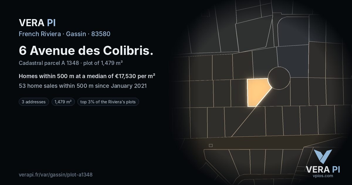 6 Avenue des Colibris, Gassin at night – the plot lit, the parcels around coloured by the prices near them