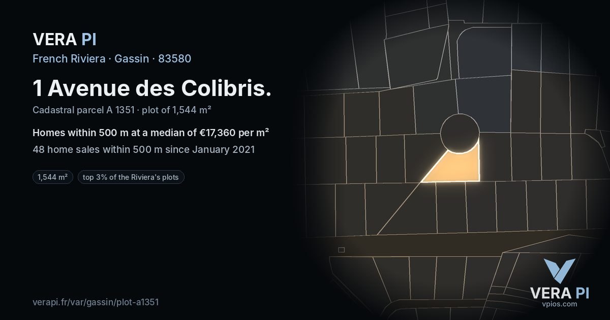 1 Avenue des Colibris, Gassin at night – the plot lit, the parcels around coloured by the prices near them