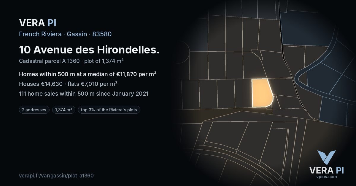 10 Avenue des Hirondelles, Gassin at night – the plot lit, the parcels around coloured by the prices near them