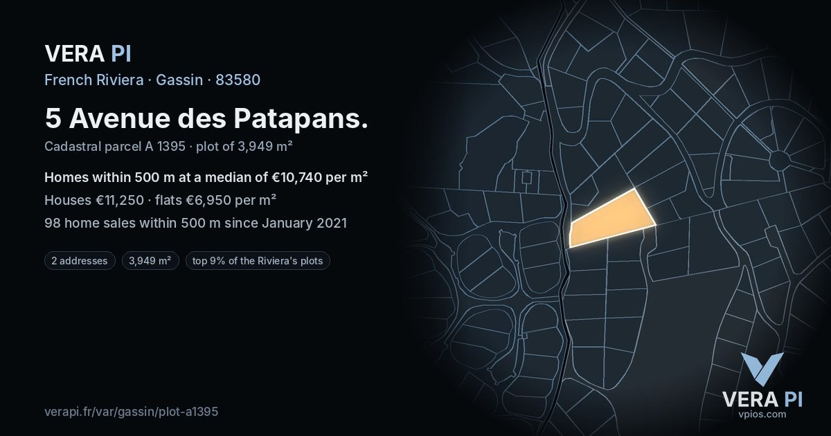 5 Avenue des Patapans, Gassin at night – the plot lit, the parcels around coloured by the prices near them