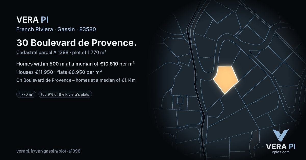 30 Boulevard de Provence, Gassin at night – the plot lit, the parcels around coloured by the prices near them