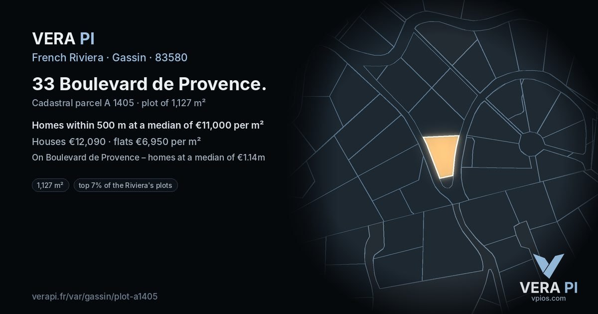 33 Boulevard de Provence, Gassin at night – the plot lit, the parcels around coloured by the prices near them