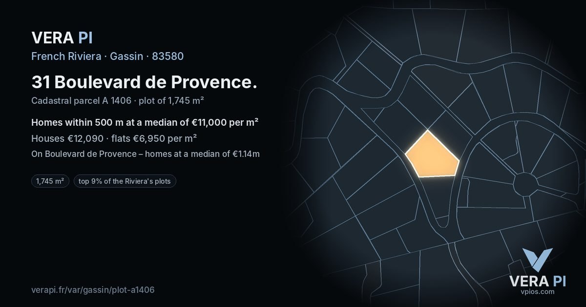 31 Boulevard de Provence, Gassin at night – the plot lit, the parcels around coloured by the prices near them