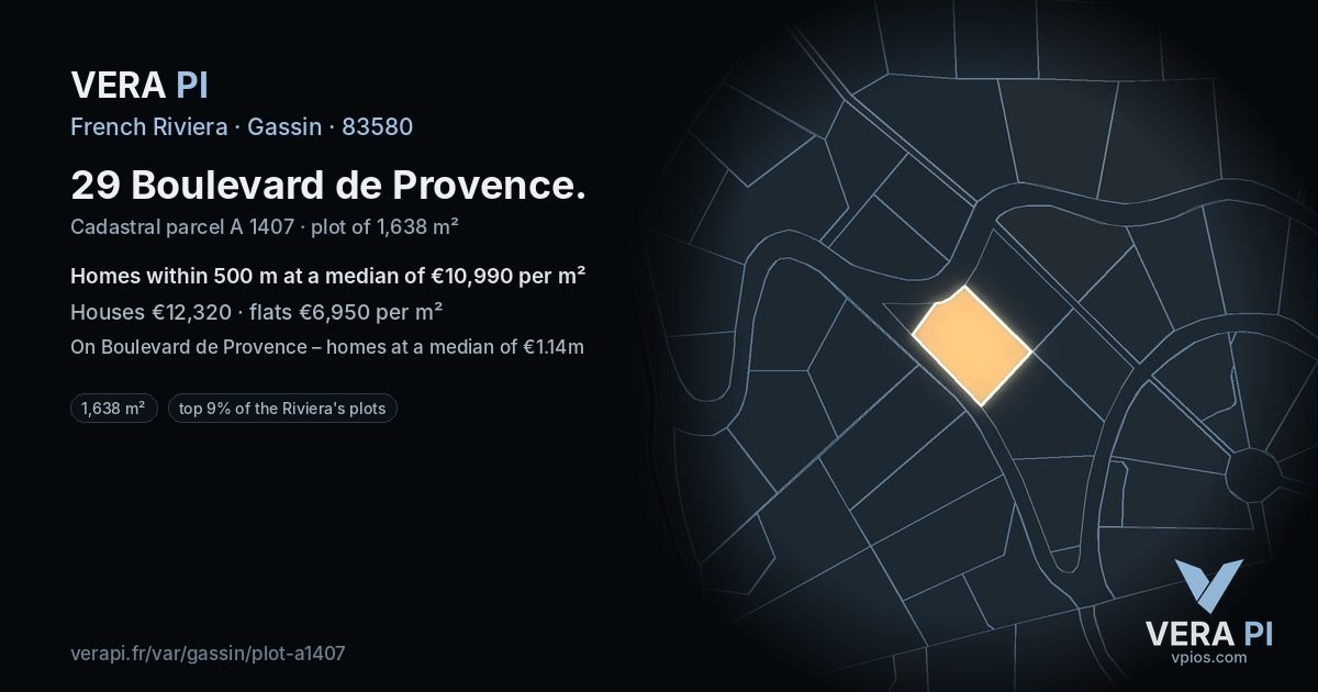 29 Boulevard de Provence, Gassin at night – the plot lit, the parcels around coloured by the prices near them