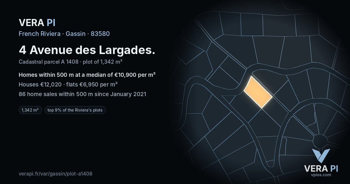 4 Avenue des Largades, Gassin at night – the plot lit, the parcels around coloured by the prices near them