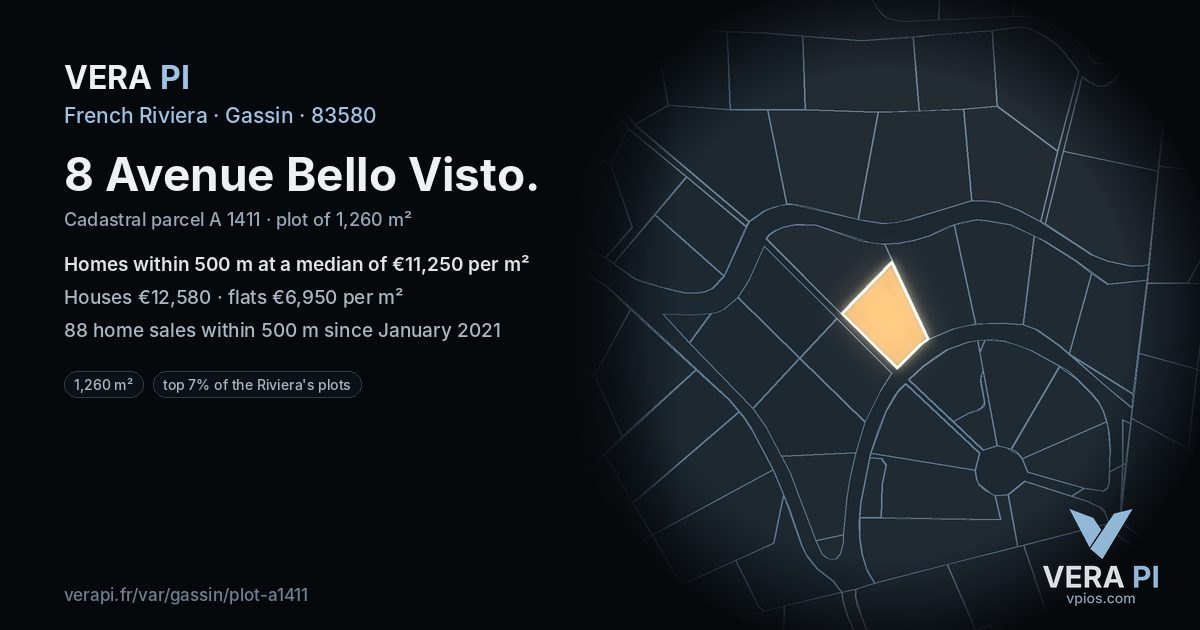 8 Avenue Bello Visto, Gassin at night – the plot lit, the parcels around coloured by the prices near them