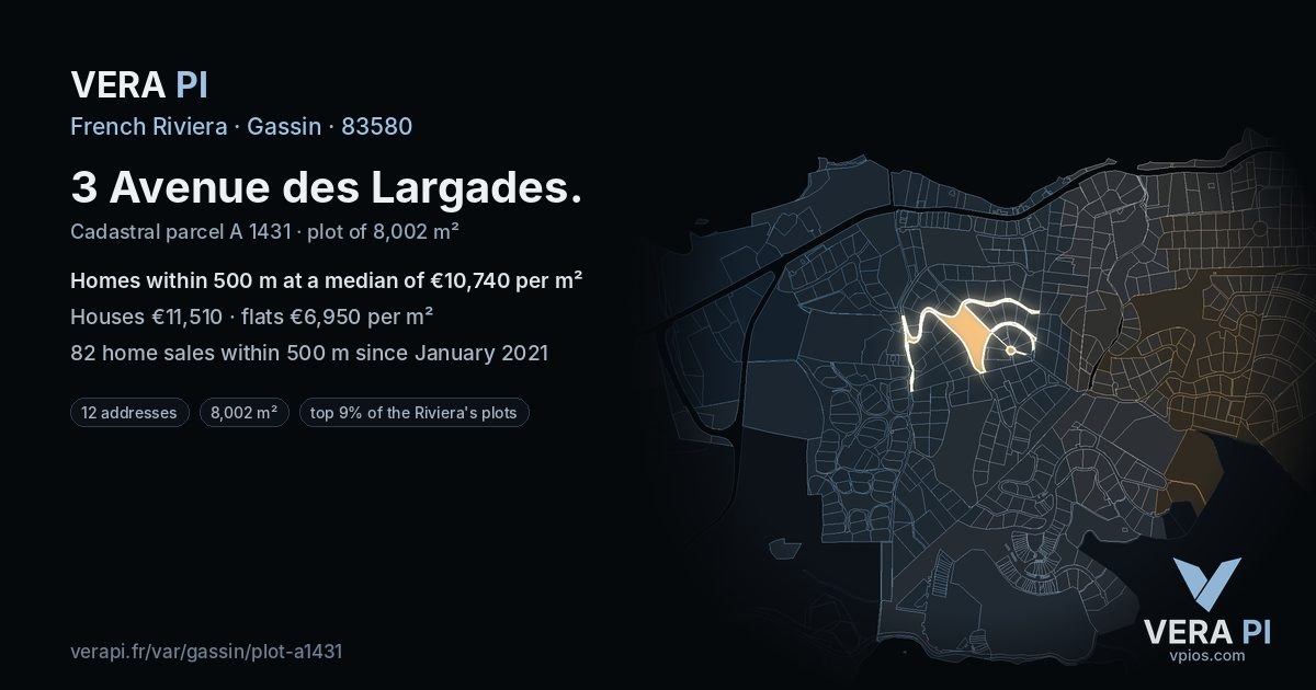 3 Avenue des Largades, Gassin at night – the plot lit, the parcels around coloured by the prices near them