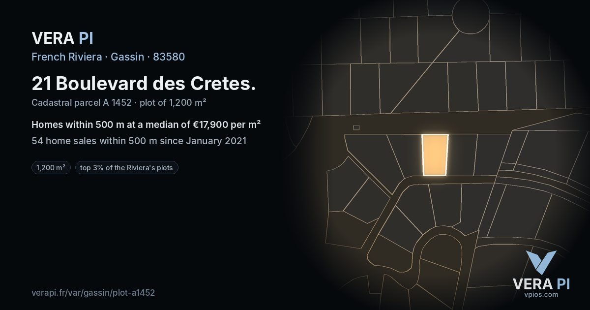 21 Boulevard des Cretes, Gassin at night – the plot lit, the parcels around coloured by the prices near them