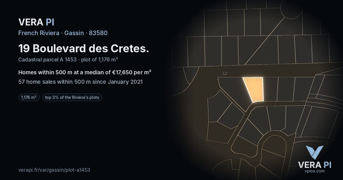 19 Boulevard des Cretes, Gassin at night – the plot lit, the parcels around coloured by the prices near them