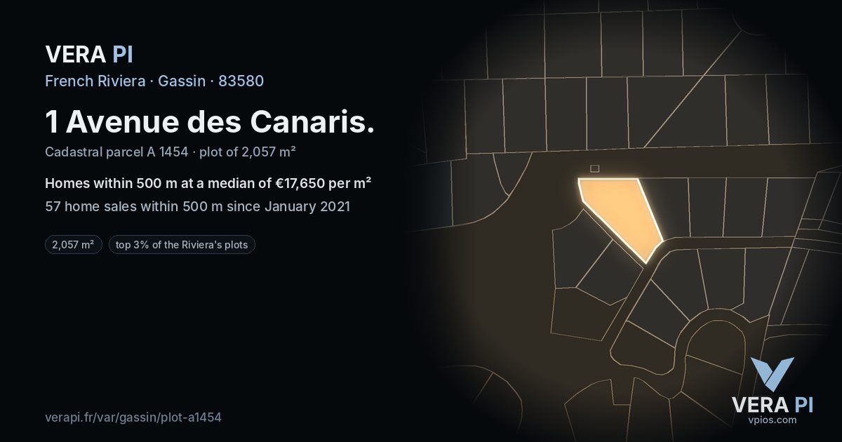 1 Avenue des Canaris, Gassin at night – the plot lit, the parcels around coloured by the prices near them
